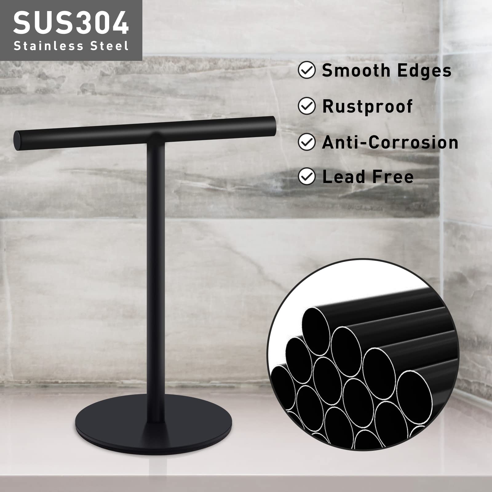 T-Shape Hand Towel Holder - Standing Hand Towel Rack For Bathroom Or Kitchen Countertops, With Sus304 Stainless Steel Matte Blac