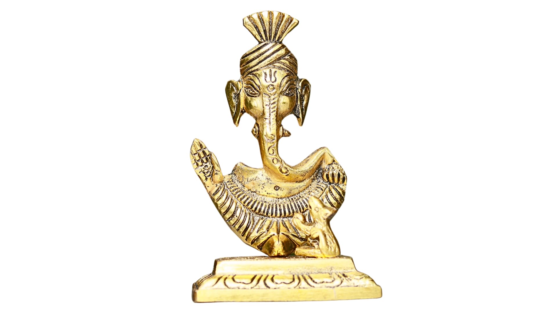 Sridha Handicraft Golden Metal Pagdi Ganesh Statue, Abstract Temple Design, 15 Cm Height, 220 Gms, Antique Finish