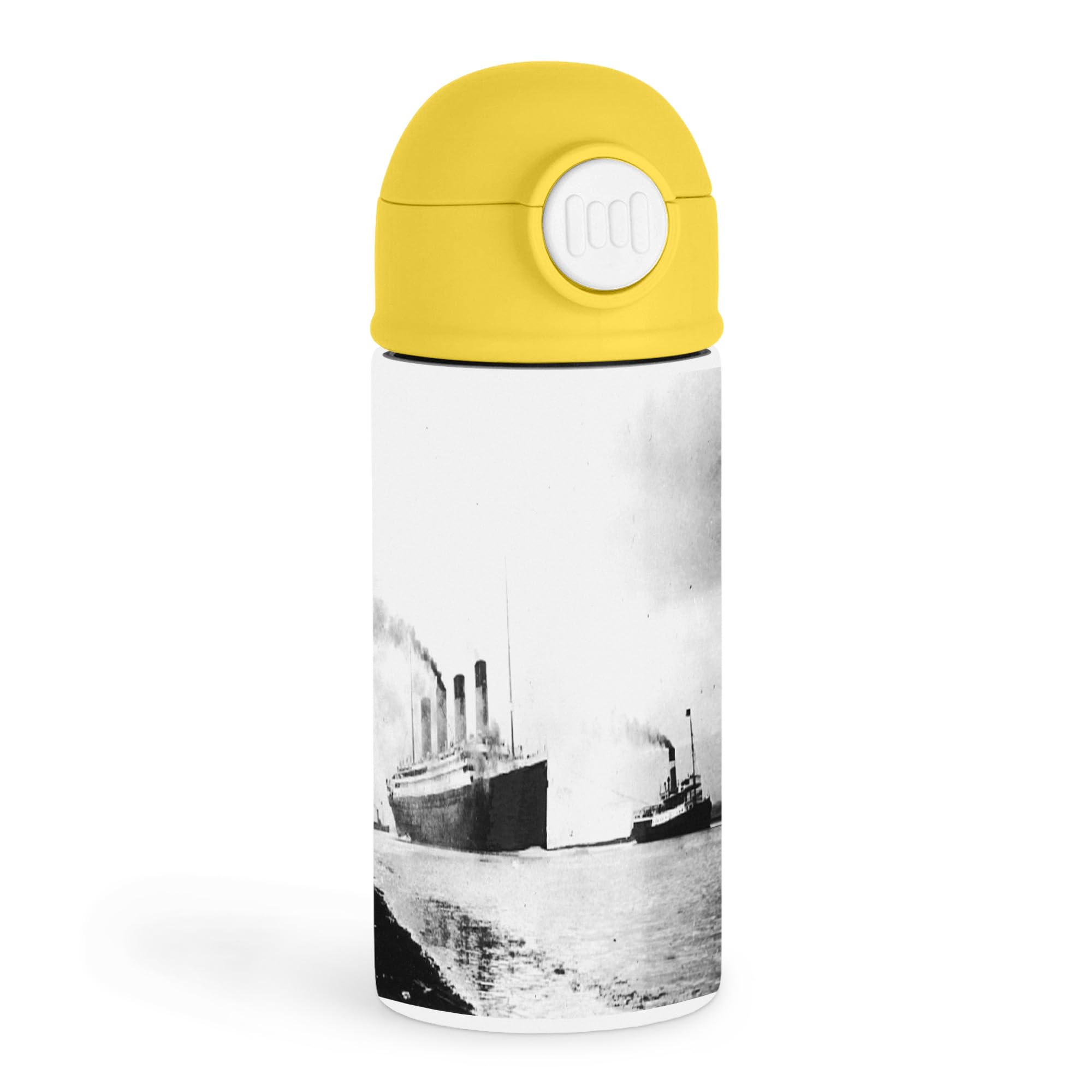 Sentimental History Buff 12oz Kids Yellow Bottle  Black and white photo of Titanics trial run  School Lunch, Family Outing