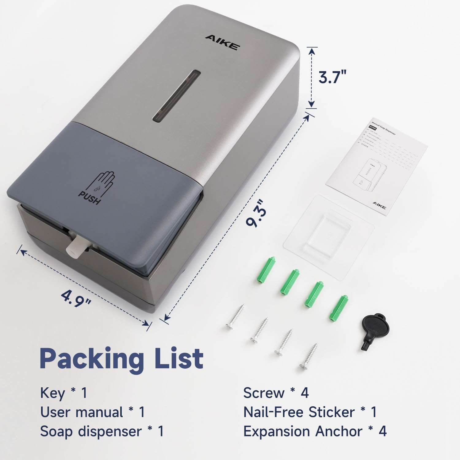 Aike Wall Mount Liquid Soap Dispenser For Commercial Bathroom 27Oz Large Capacity Manual Push Pump Silver