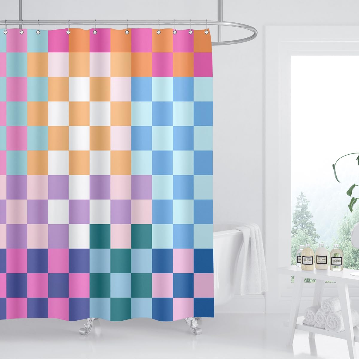 Zxmbf Retro Checkered Shower Curtain Colorful Geometric Modern Rainbow Minimalist Groovy Simple Bright Aesthetic Home Bathroom D