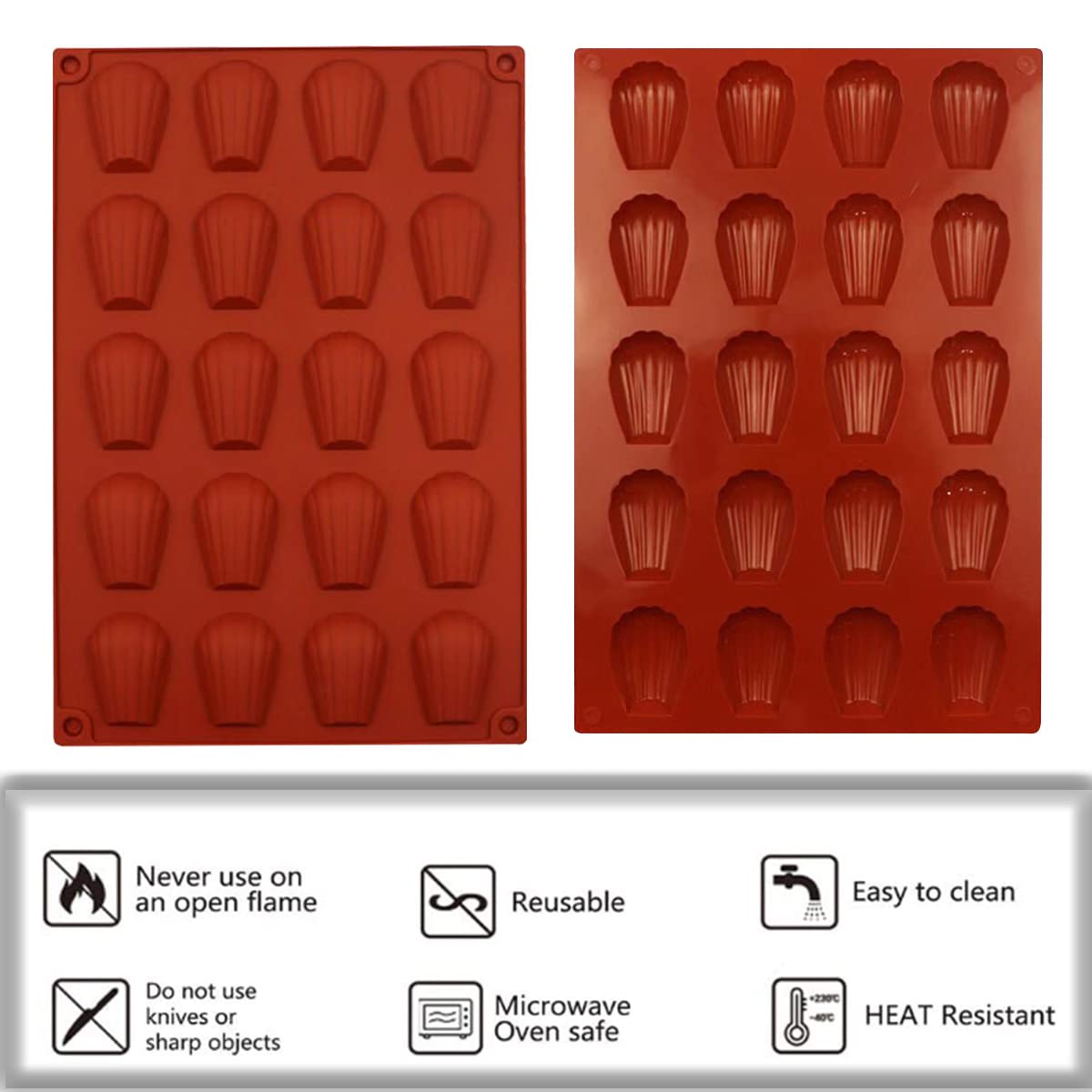 Hycsc 9 Cavity Madeleine Pan, 2Pcs Nonstick Silicone Madeleine Molds, Shell Shape Baking Cake Mold Pan(Brick Red)