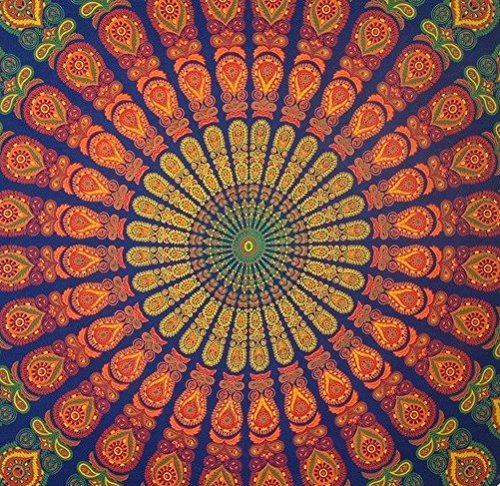 Handmade Sanganeer Peacock Mandala 72'' Round 100% Cotton Tablecloth Gorgeous, Blue Gray