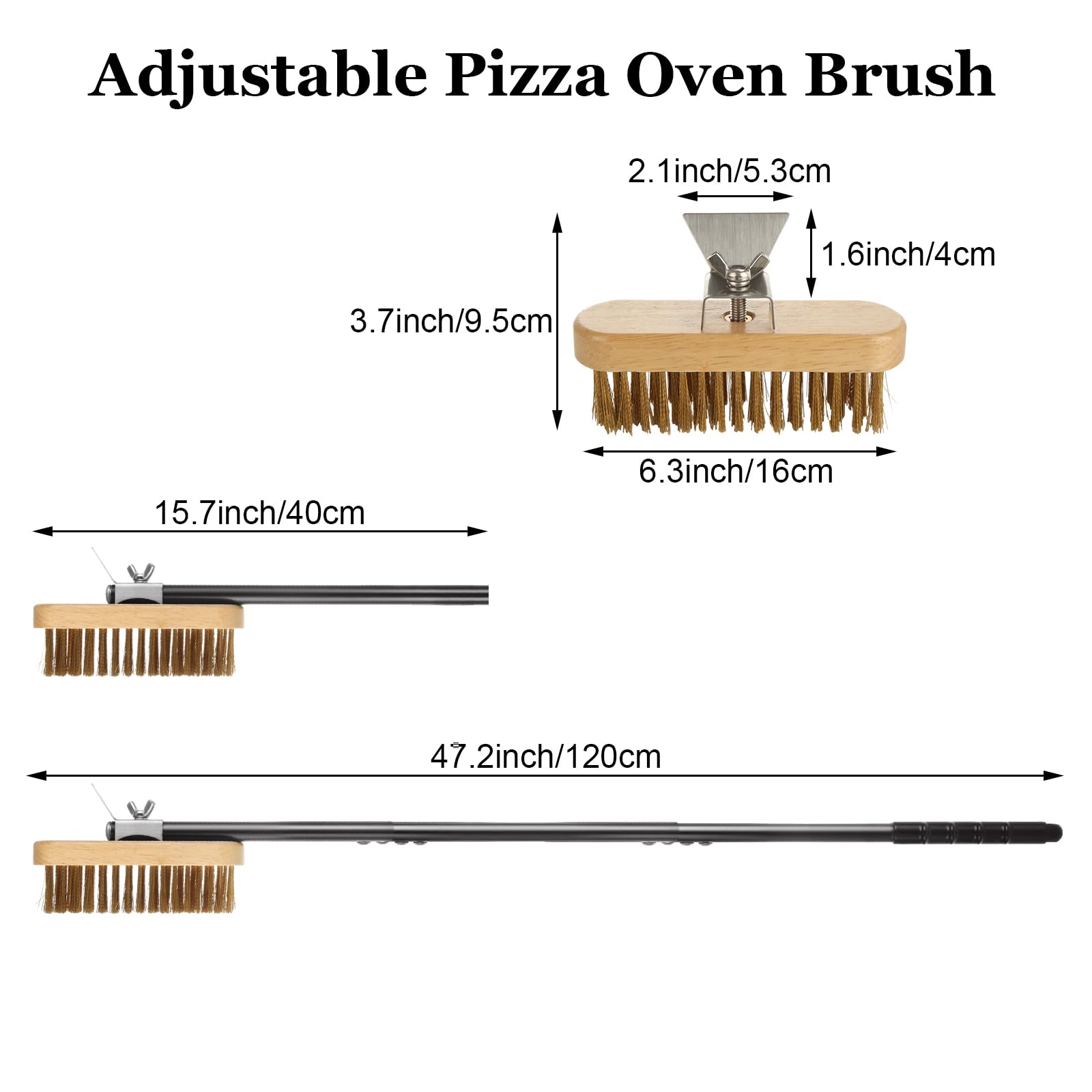 Muxhel 1 Pcs Adjustable 47'' Pizza Oven Brush With Scraper, Brass Bristles Pizza Stone Brush With Detachable Handle And Screwdri