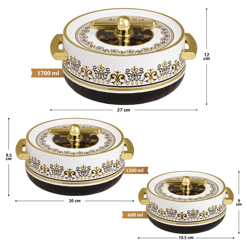 Selvel Elegance Royal Inner Steel Casserole Set Of 3 (1700Ml, 1200Ml, 600Ml) | P.U. Insulation Hot Case | Hot Pot Keeps Food Hot