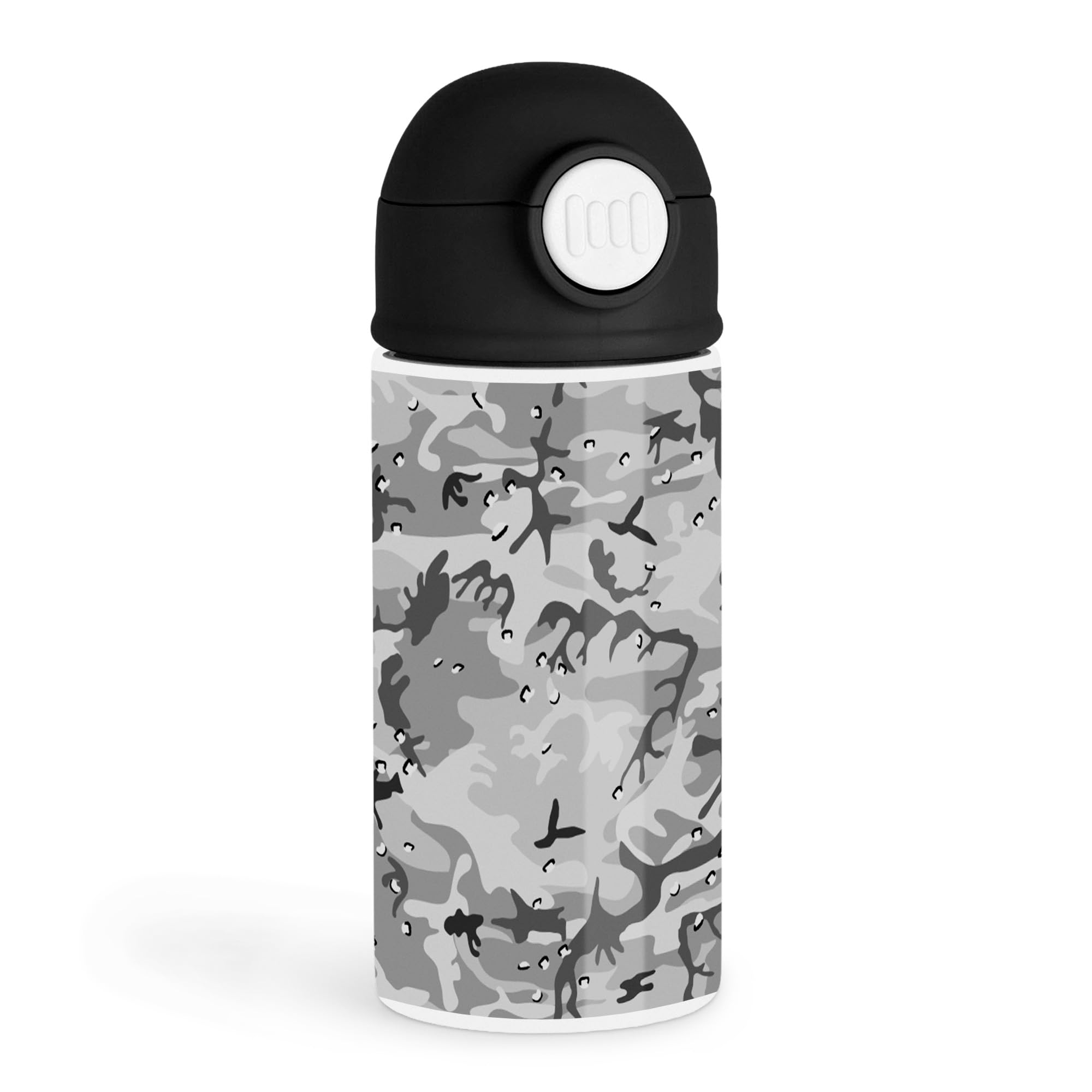 Empowering Young Adventurers 12oz Kids Black Bottle  Stylish gray camouflage pattern with sleek finish  School Lunch, Outdoor 