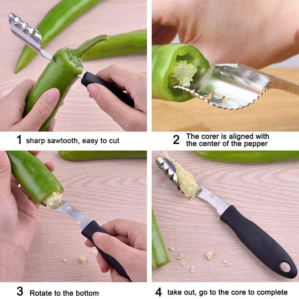 Jalapeno Pepper Corer,Fiotok Stainless Steel Chili Corer Remover Kitchen Tool With Serrated Slice And Rubber Handle Easily Seed