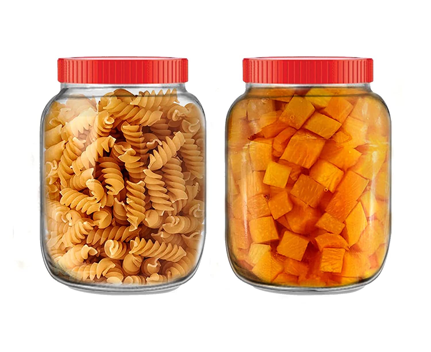 Vency 3000Ml Glass Round Transparent Glass Jars 3Kg & Containers For Kitchen Pantry, Snacks, Masala, Pickles Red Color Plastic L