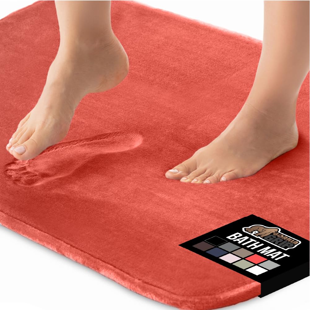 Gorilla Grip Thick Memory Foam Bath Rugs  Soft Absorbent Velvet Bathroom Mats  Durable Dots on Underside  Machine Washable Bathmat  Carpet Rug Room Decor for Shower Floor  24x17 Mat  Coral