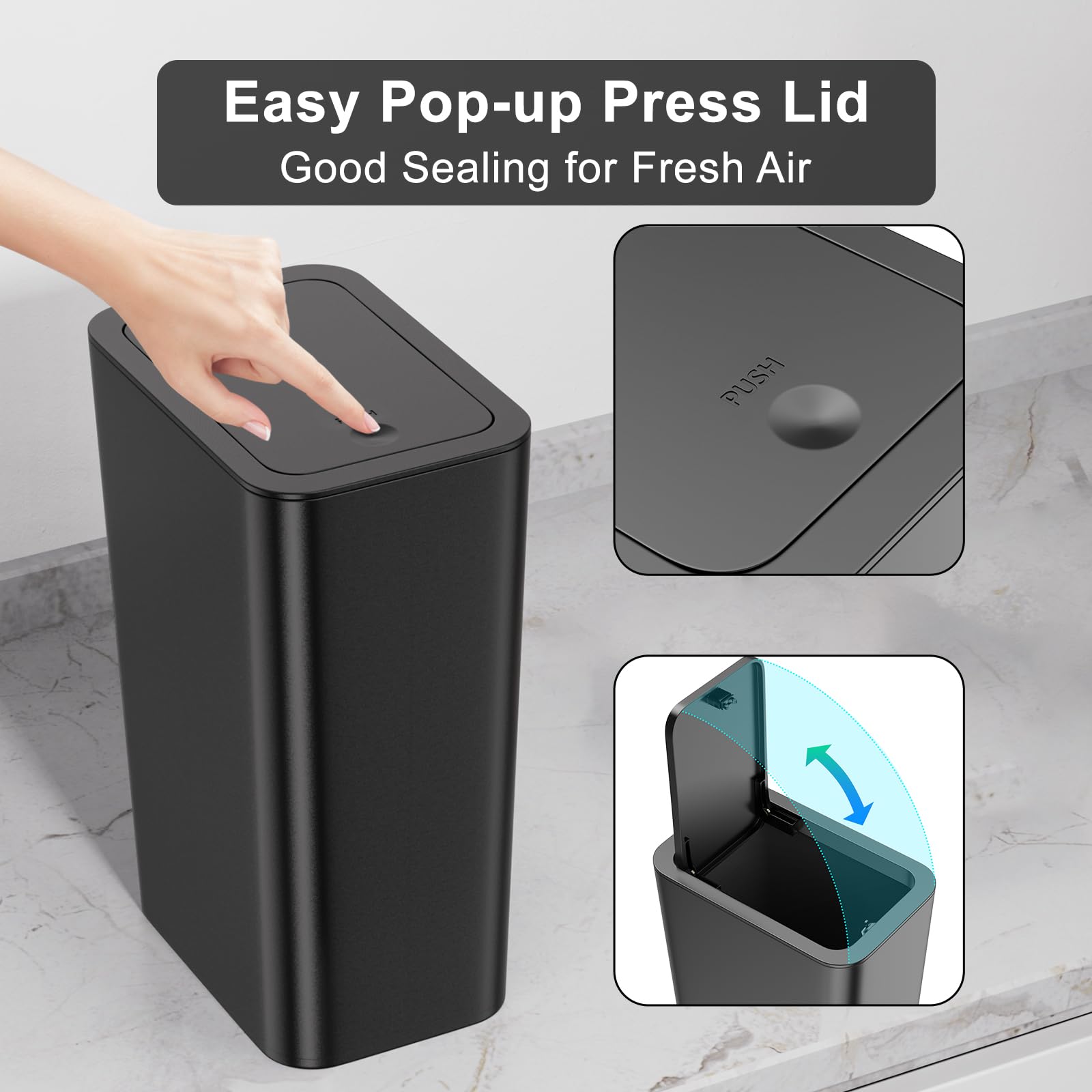 N. Netdot 3 Pack 10L/2.6 Gal Bathroom Trash Can With Lid, Bathroom Trash Bin With Press Lid, Small Trash Can/Slim Garbage Cans/W