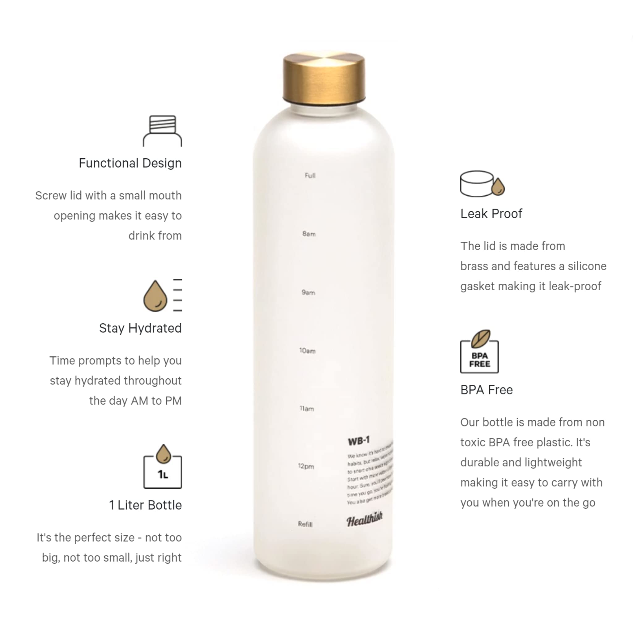 Healthish Motivational Water Bottle, 1L (33oz), BPA-Free Tritan, Leak-Proof, White & Gold, Hourly Reminders, Brass Lid