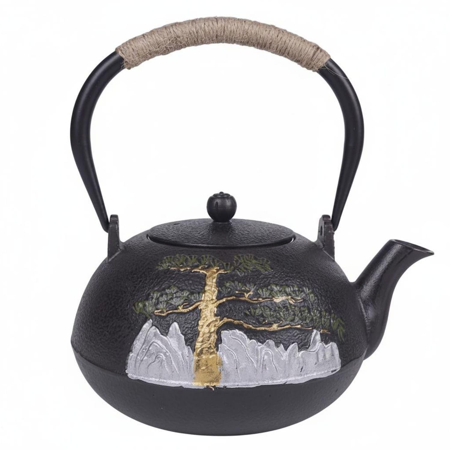 ATORSE Natural Fiber Wrapped Handle Cast Iron Kettle Teapot Fitted Lid Cast Iron Tea Kettle Textured Stovetop Tea Pot Gold Accen