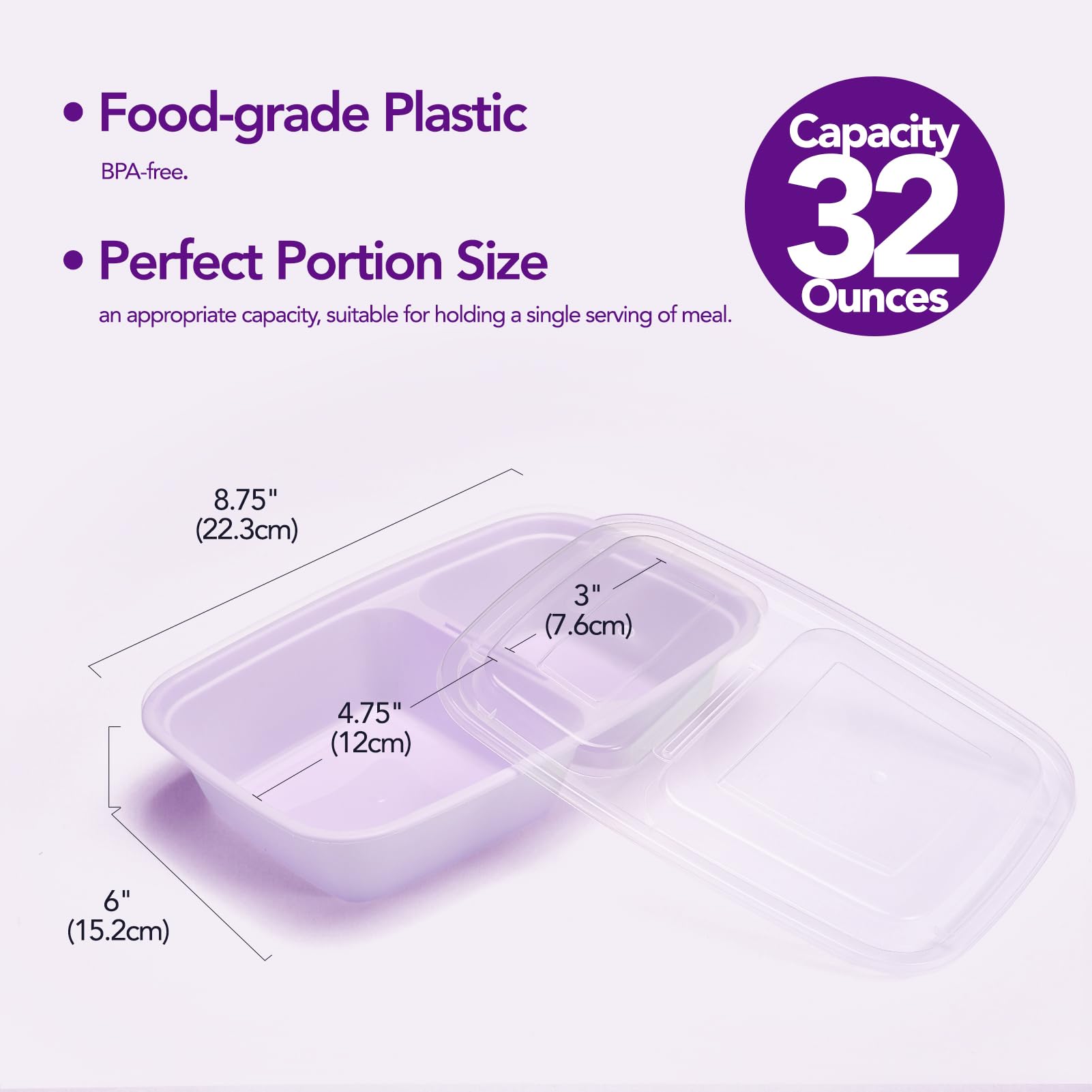 Glotoch 50 Pack Purple Meal Prep Containers Reusable 2 Compartments, Glotoch 32Oz To Go Containers For Food, Disposable Plastic