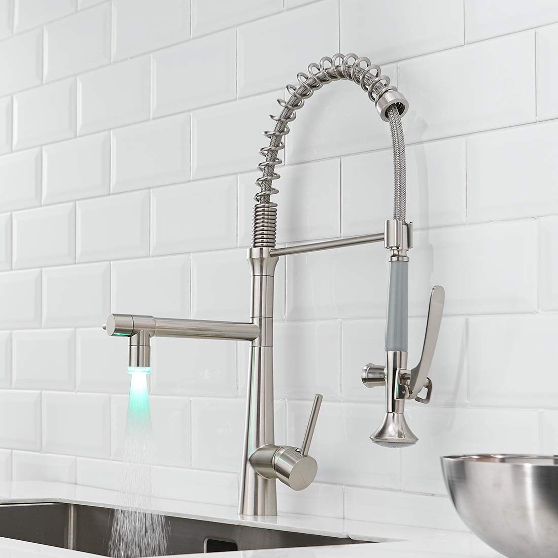 AIMADI Commercial Kitchen Faucet AM110-33N, Single Handle, Stainless Steel Brushed Nickel, with LED Light and Sprayer