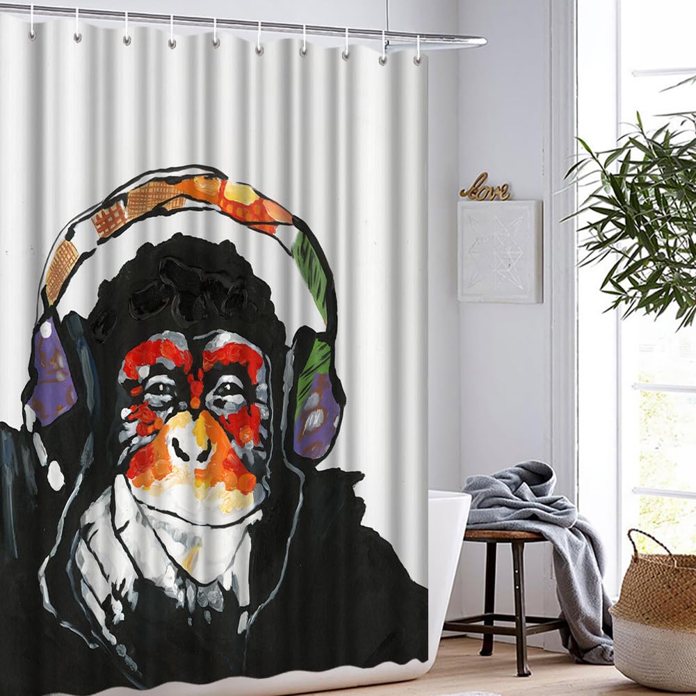 VividHome Monkey Shower Curtains Funny Animal Chimpanzee Portrait with Colorful Headset Waterproof Fabric Bathroom Curtain with Hooks 7272 Inch