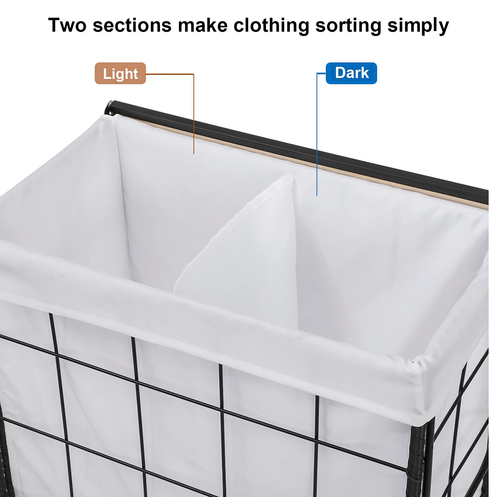 Laundry Hamper with Wood Lid and Divided Liner Bag; Durable Laundry Basket with Heavy Duty Rolling Lockable Wheels; Clothes Hamper with Removable Liner Bag; Laundry Sorter with Metal Handle (White)