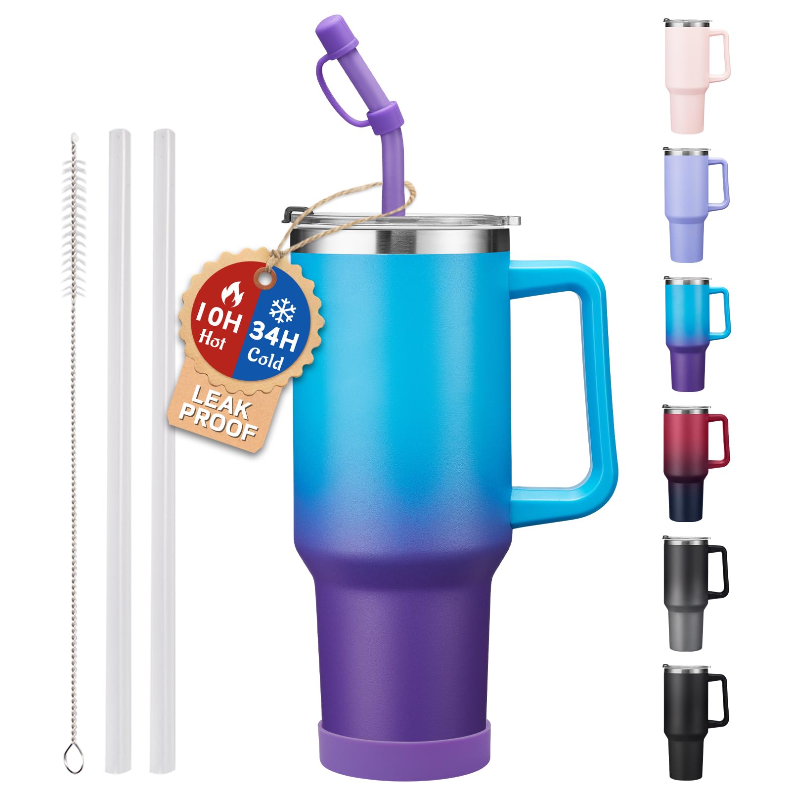 ICIOI Travel Mugs Insulated for Hot and Cold - 40oz Tumbler with Handle and Straw Spout Lid, Spill Proof Metal Coffee Thermal Cu