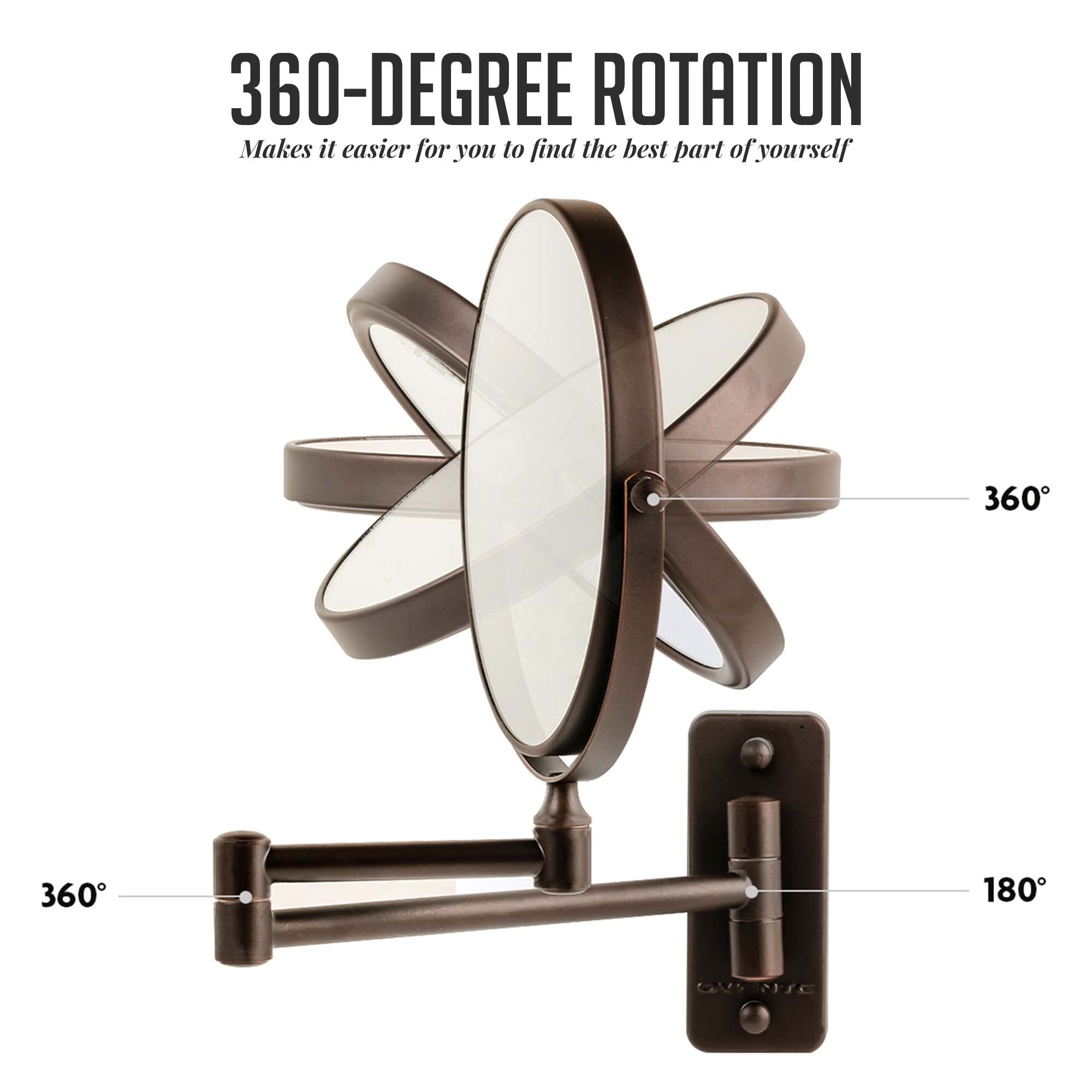 OVENTE 7" Double-Sided Wall Mounted Makeup Mirror, 1X/10X Magnification, Antique Bronze, Model MNLFW70ABZ1X10X, 360° Sw