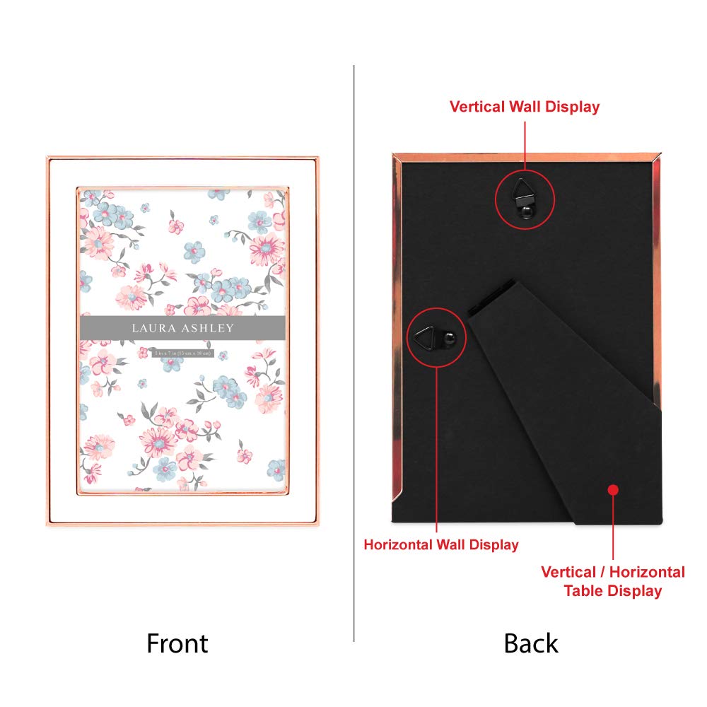 Laura Ashley 5x7 White Enamel Picture Frame, Rose Gold Metal Edge with Easel, for Countertop, Counterspace, Tabletop Display, Bo