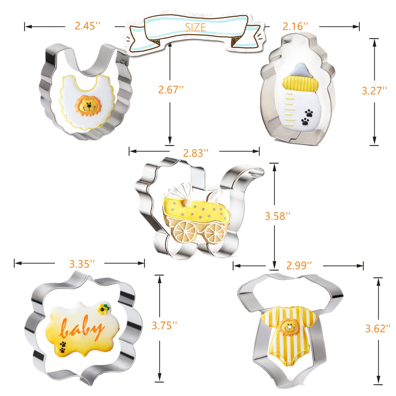 5 Pieces Baby Shower Cookie Cutters,Cute Shapes Of Onesie, Bib, Plaque/Frame,Baby Bottle, Baby Carriage For Baby Showers, Reveal