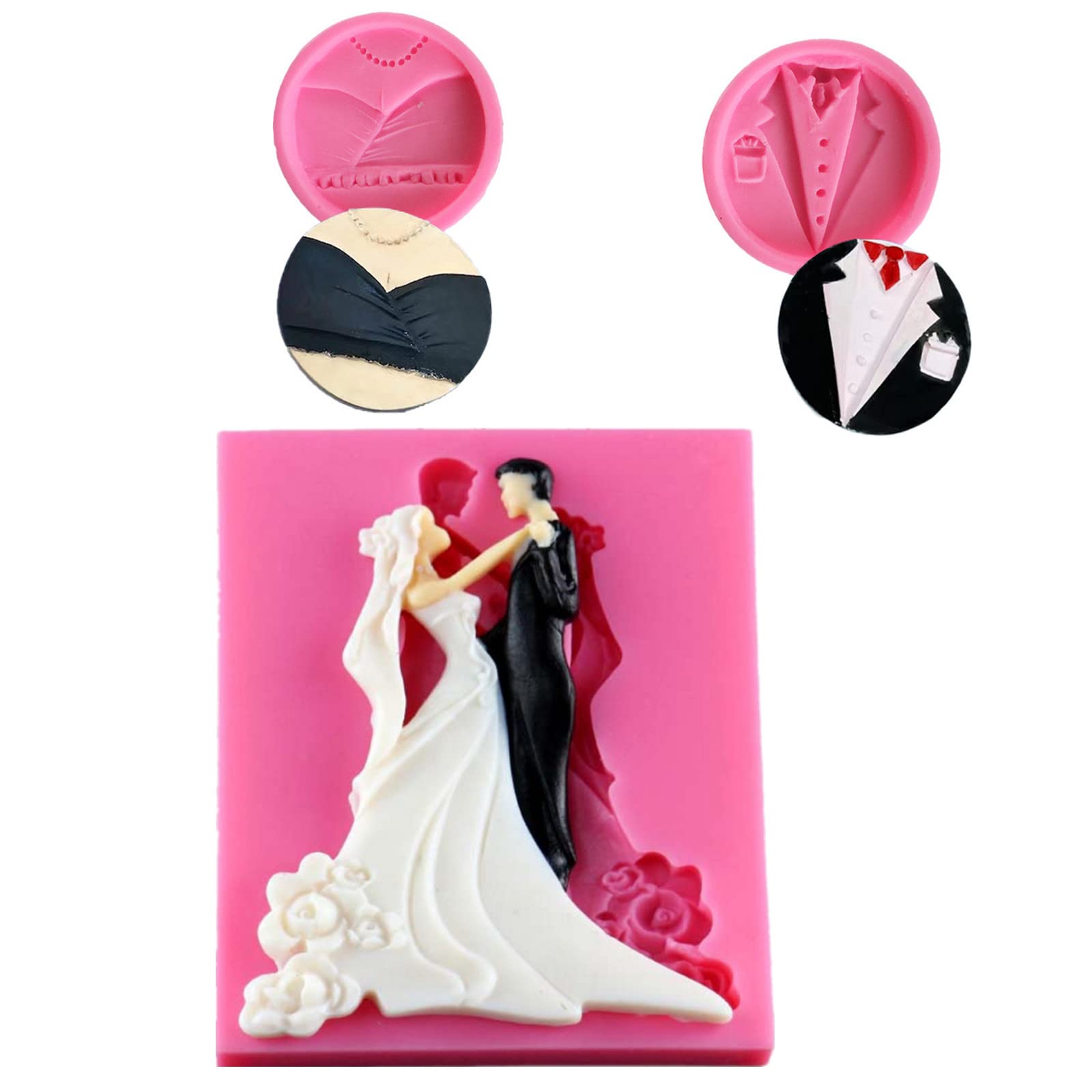 3Pcs Bride And Groom Fondant Mold Wedding Dress Tuxedo Silicone Mold For Wedding Party Cake Decorating Cupcake Topper Chocolate