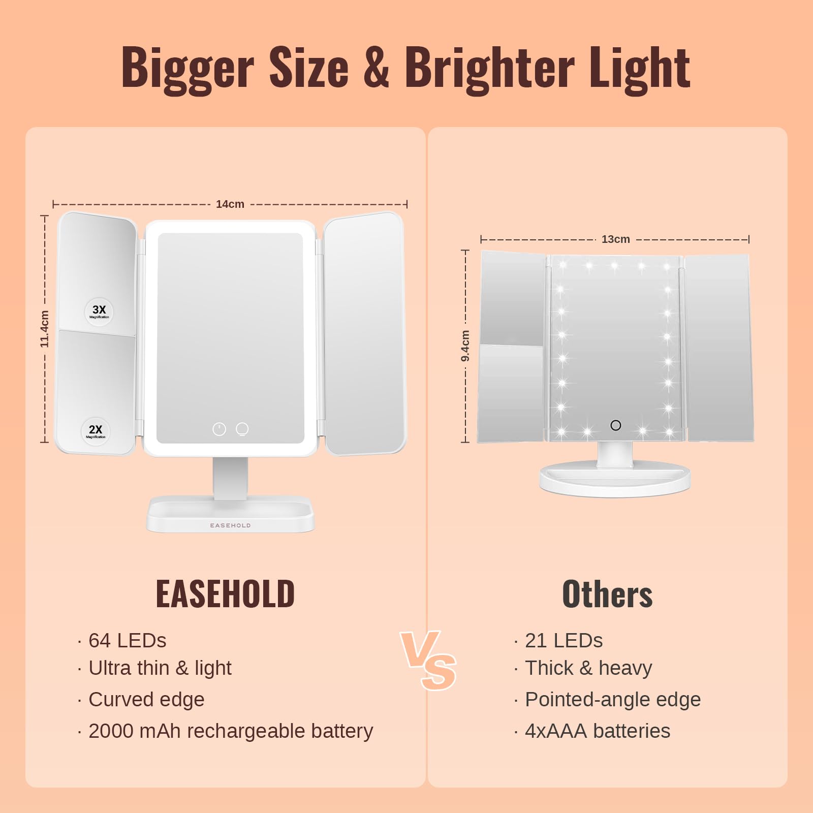 Easehold Lighted Makeup Mirror, Rechargable Vanity Mirror With Magnification, 2X 3X, Trifold Makeup Mirror With Touch Control, 3