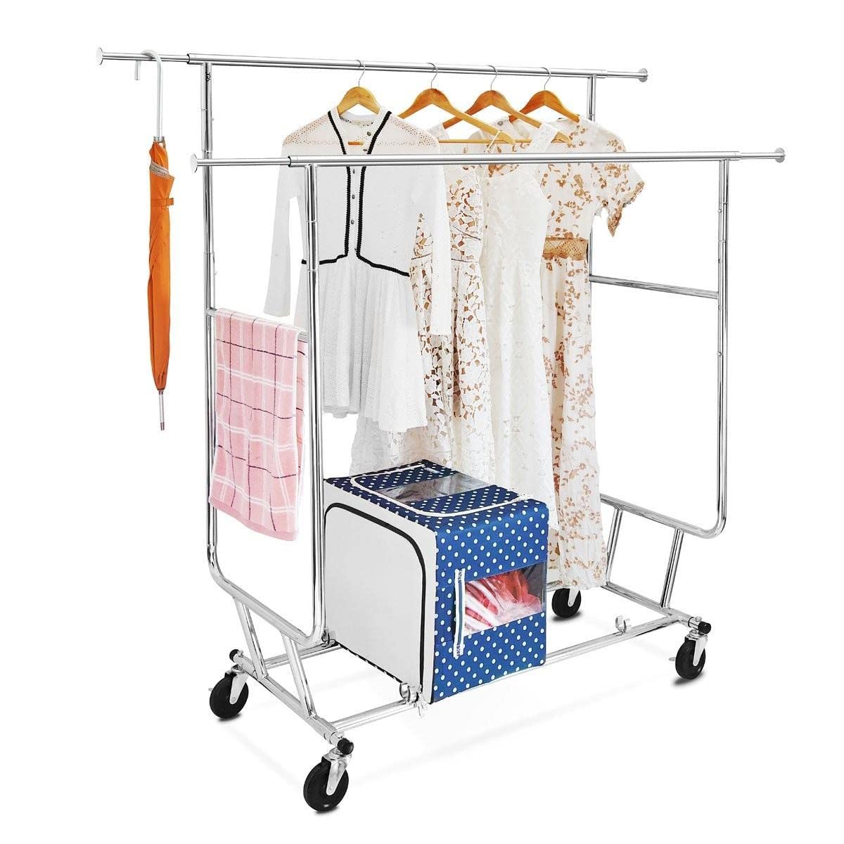 Yaheetech Commercial Clothing Garment Rack, Heavy Duty Double Rail Clothes Rack, Rolling Collapsible Rack Hanger Holder, Extenda
