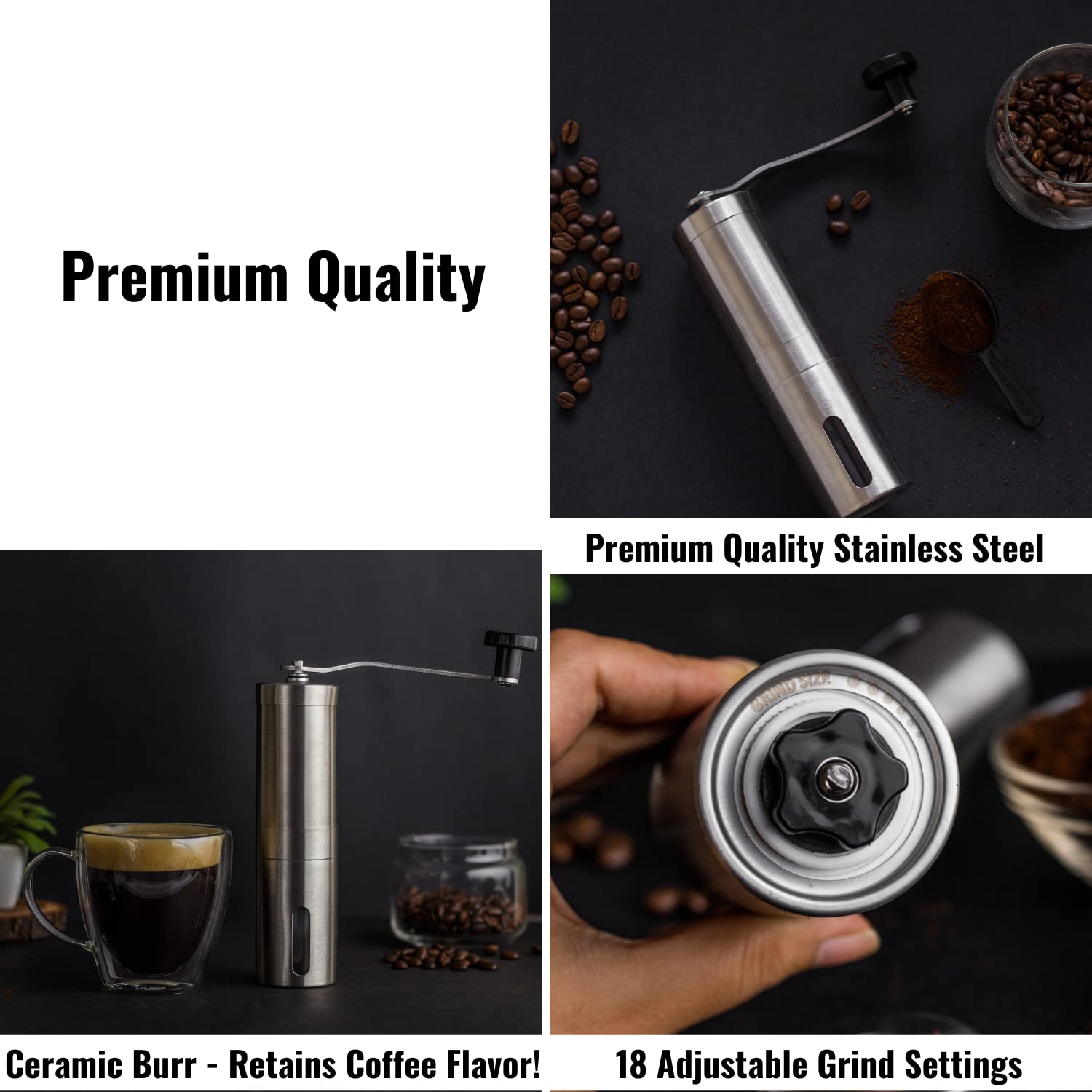 Instacuppa Manual Coffee Grinder With Conical Ceramic Burr Mill And 18 Adjustable Grind Settings For Pour Over, Espresso, French