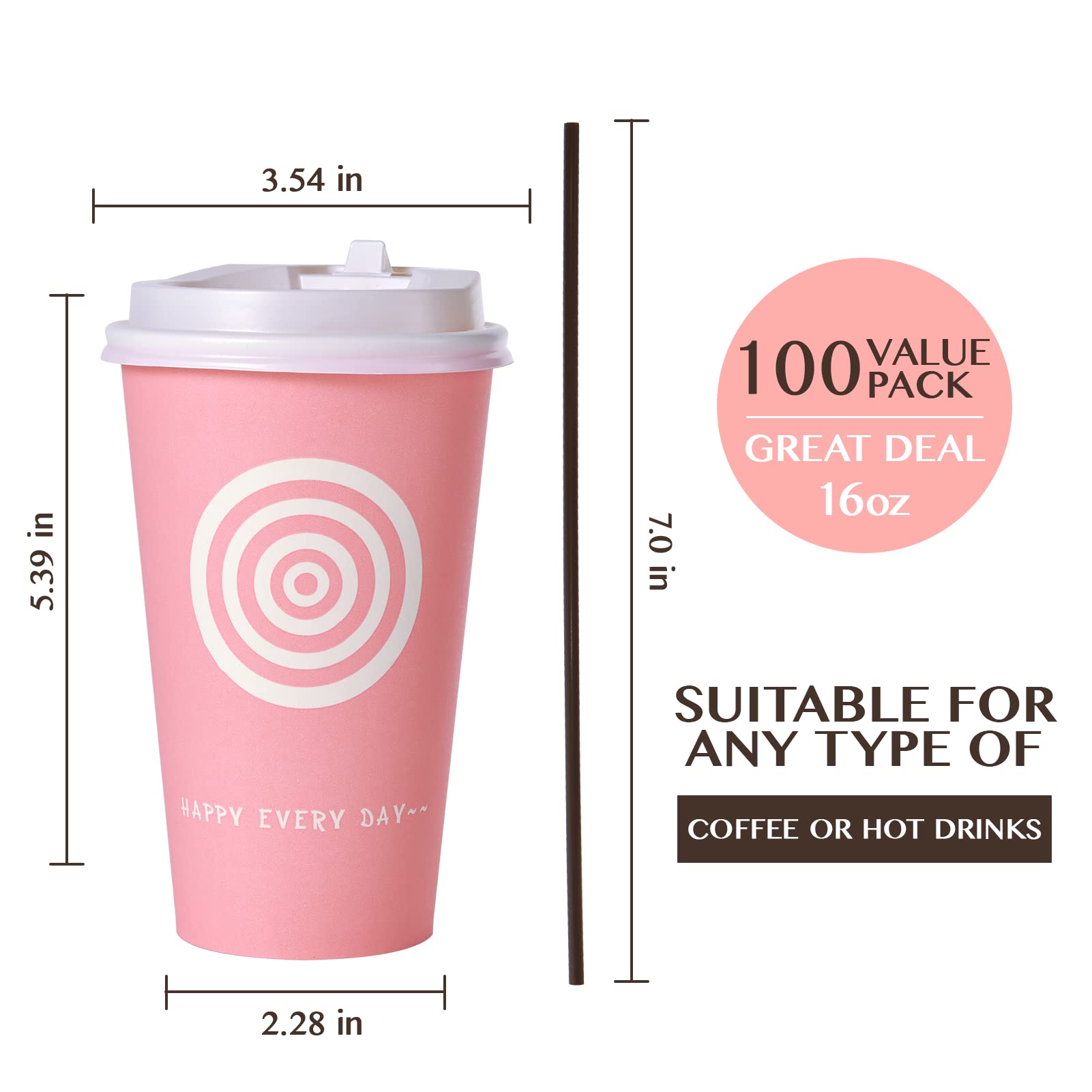 JollyPack 16 oz Paper Cups  100 Pack Disposable Coffee Cups with Lids and Stirrers  Hot Paper Cups for Cold/Hot Coffee  Juice  Tea. To Go Coffee Cups for Home  Store and Cafe (Pink and Green)