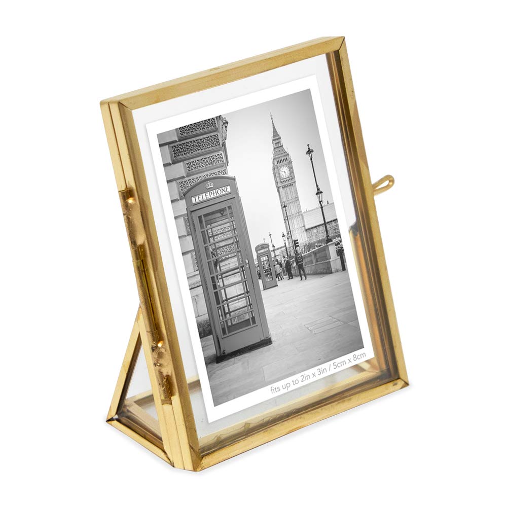Isaac Jacobs 2x3, Antique Gold, Vintage Style Brass and Glass, Floating Photo Frame, Metal, (Vertical), with Locket Closure and 