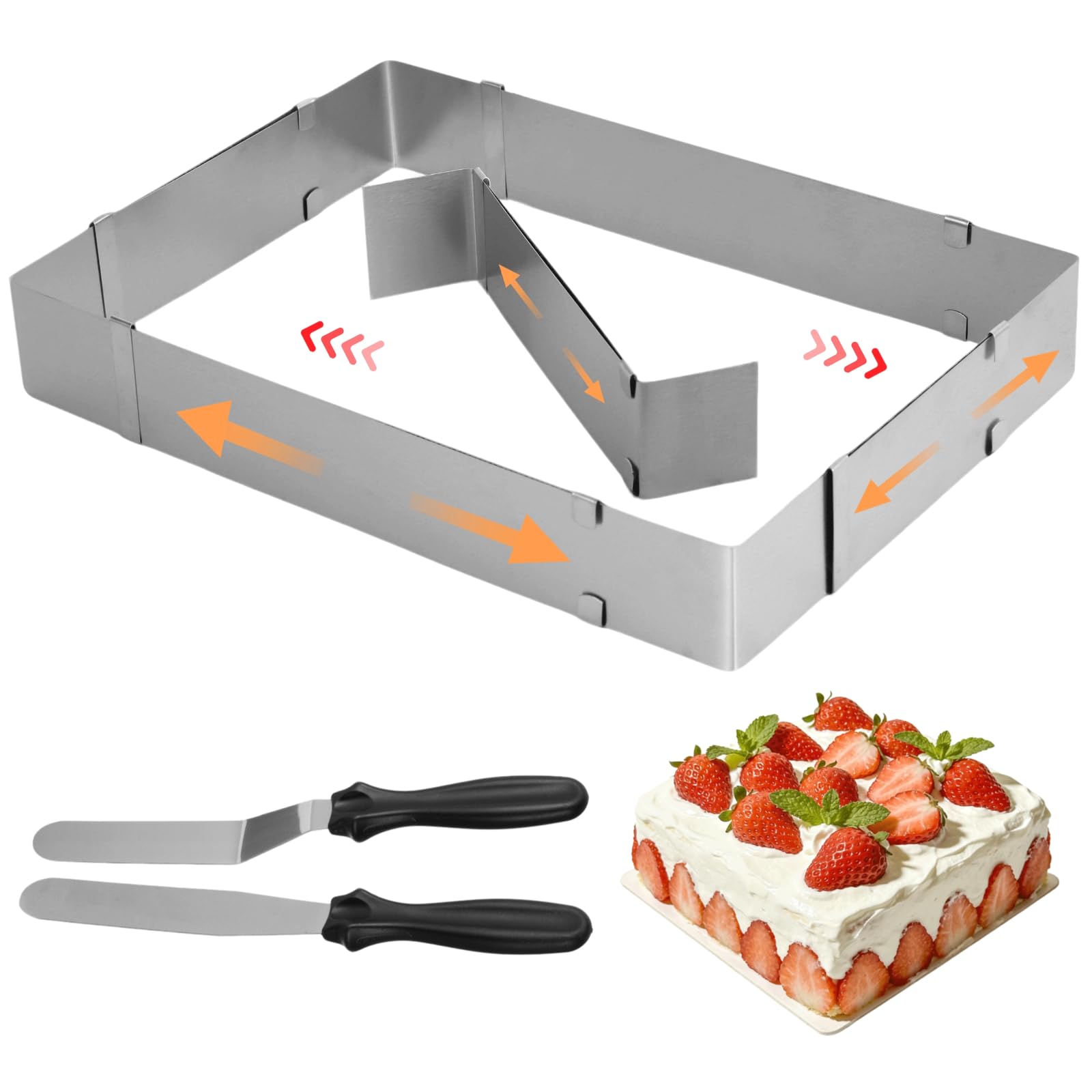 COSYOO Rectangular Cake Ring, Adjustable Cake Mold with Spatulas, Square Shaped Stainless Steel Baking Mold with Divider, Expand