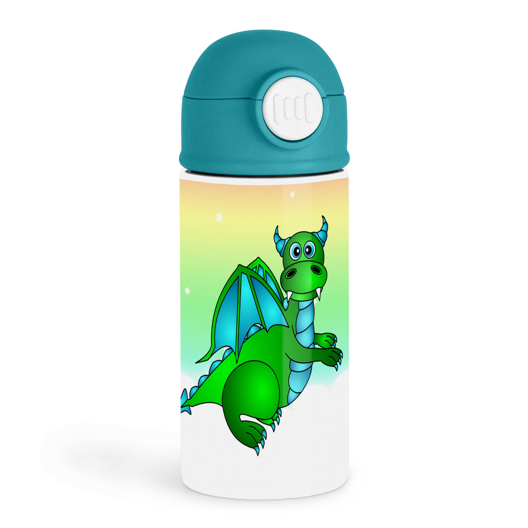 Sweet Dragon Lover 12oz Kids Water Bottle  Green Cover  Cartoon dragon lounging with green and blue colors  School Lunch, Out