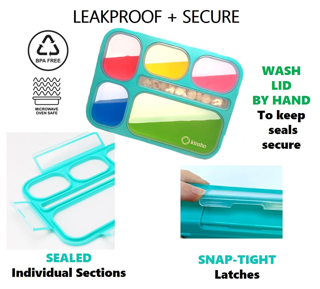 kinsho Bento Box Lunch-Box Containers for Kids  Adults  6 Compartment Lunch-Boxes  Leakproof School Bentobox  Snack or Meal Portion Container  BPA-Free  Teal