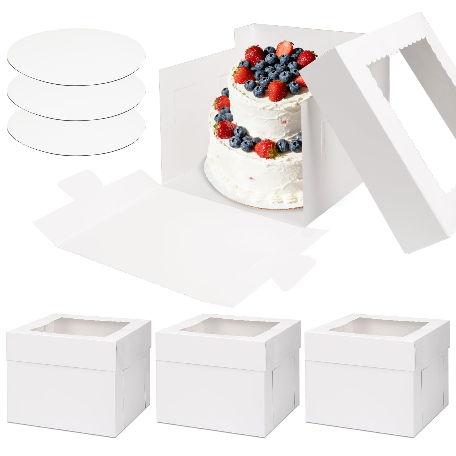 Moretoes 3 Pack Cake Boxes 10 Inch, Tall Bakery Containers with Boards, White Cake Carrier Disposable Cake Boxes with Lid for Bi