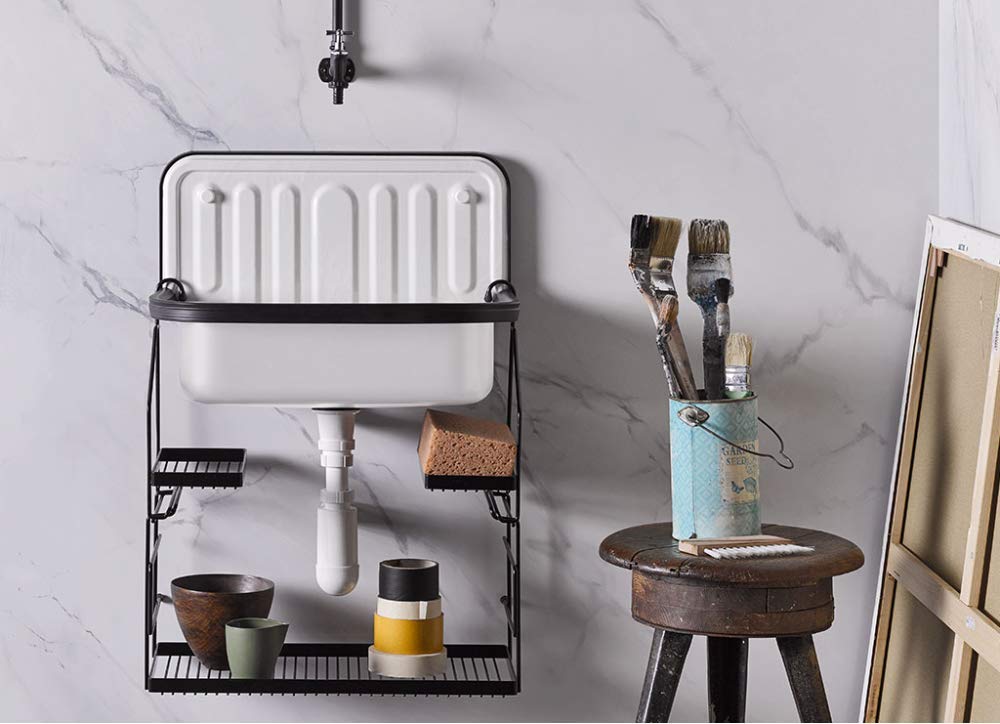 Alape Bucket Sink Small Service Sink Glazed Steel Utility Sink And Utensilo Storage Caddy, With Overflow, Black Trim