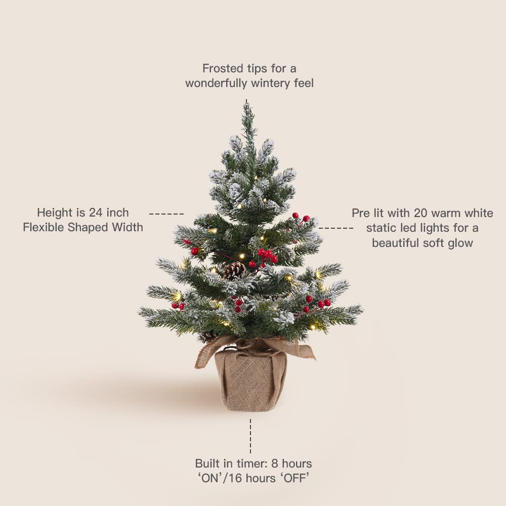 24 Inch 2 FT Pre-lit Snowy Mini Christmas Tree, DECSPAS Small Tabletop Flocked Christmas Tree with 20 LED Lights Red Berries Pin