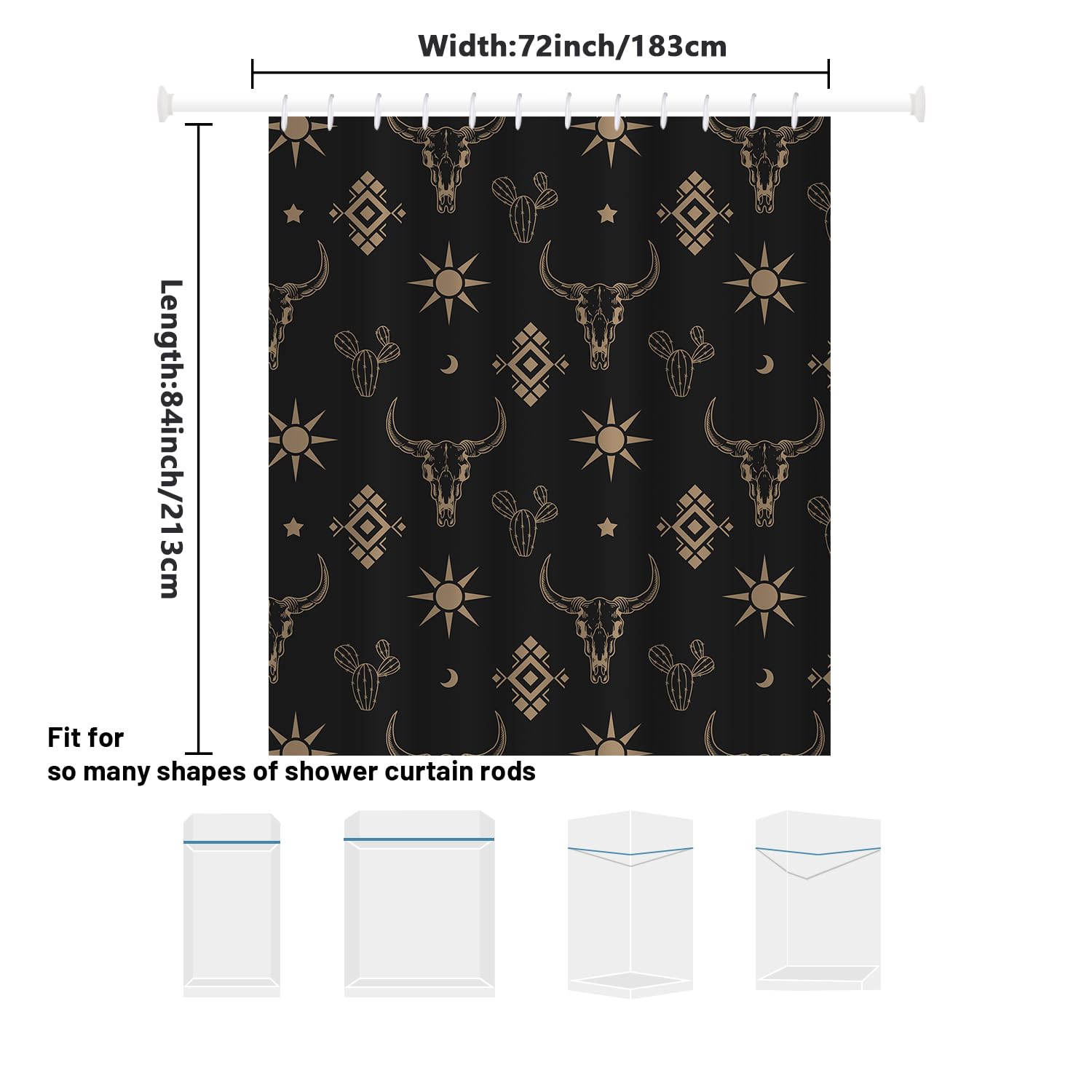 Western Bull Skull Shower Curtain Boho Cow Longhorn Skull Head Cactus Bohemian Black And Gold Shower Curtain With Hooks 72X84 In