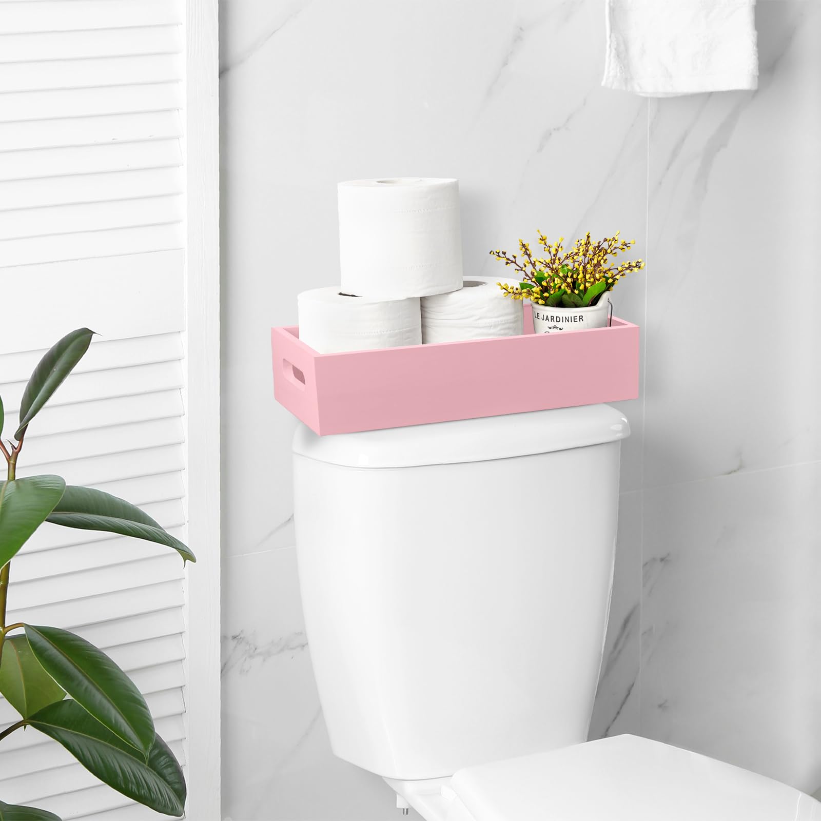 Alelion Pink Bathroom Basket For Organizing - Wooden Toilet Tank Paper Basket With Handle For Back Of Toilet Tank Top Organizer