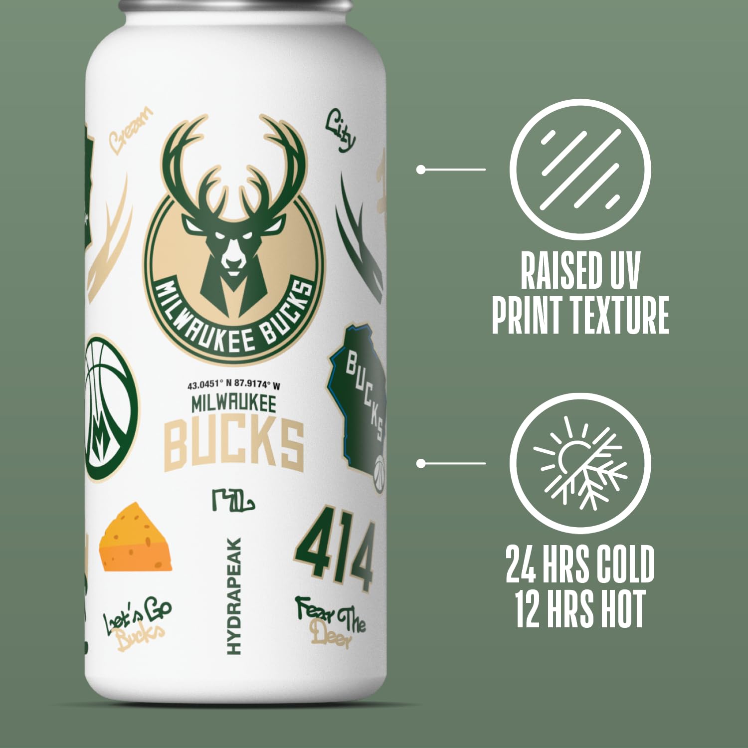 Hydrapeak x NBA Officially Licensed Milwaukee Bucks 32 oz Active Water Bottle with Chug Lid Reusable Stainless Steel Double Wall