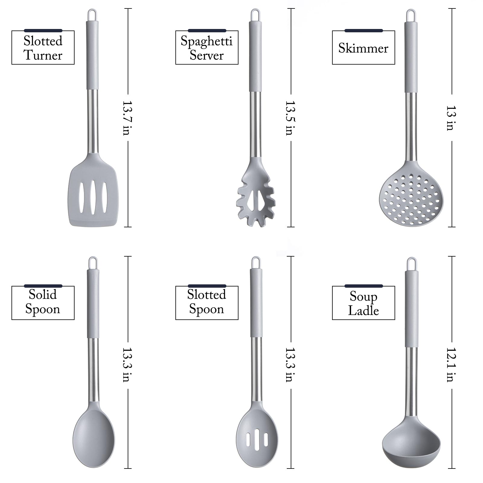 Silicone Kitchen Utensils Set - Culinary Couture 6-Pieces Grey Silicone Cooking Utensils Set For Nonstick Cookware - Stainless S
