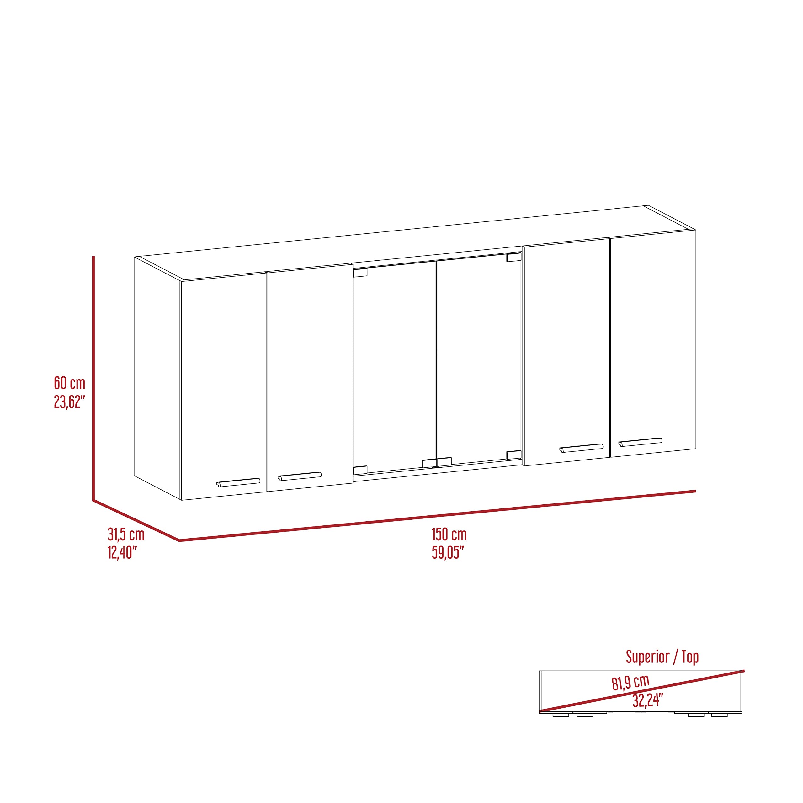 TUHOME Superior 150 Wall Cabinet With Glass  Four Internal Shelves  Glass Cabinet  Two Double Door Cabinet  Racks  Black  For Kitchen Room