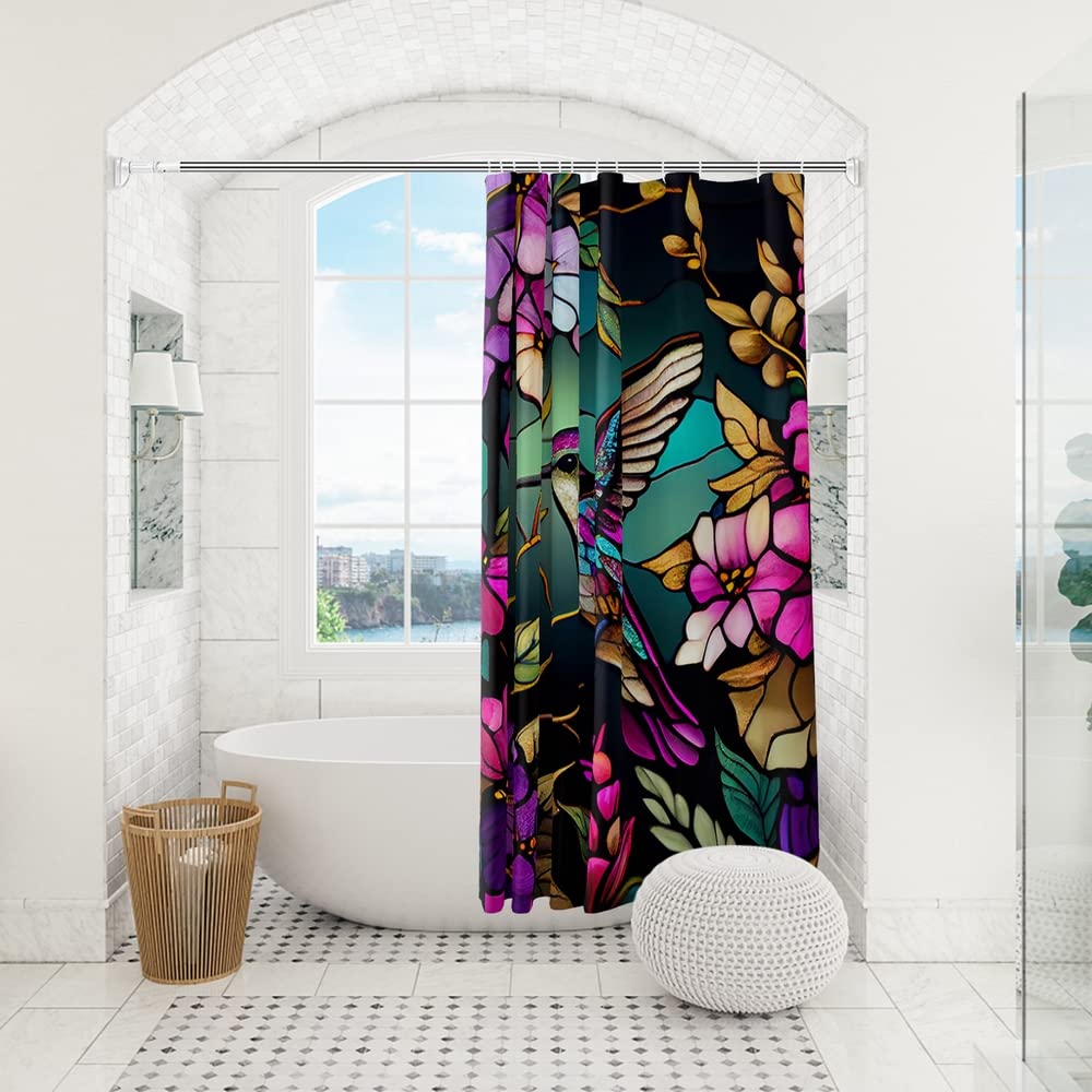 Reateforin Spring Shower Curtain Flower,Hummingbird Shower Curtain For Bathroom With Hooks,Watercolor Polyester Fabric Shower Cu