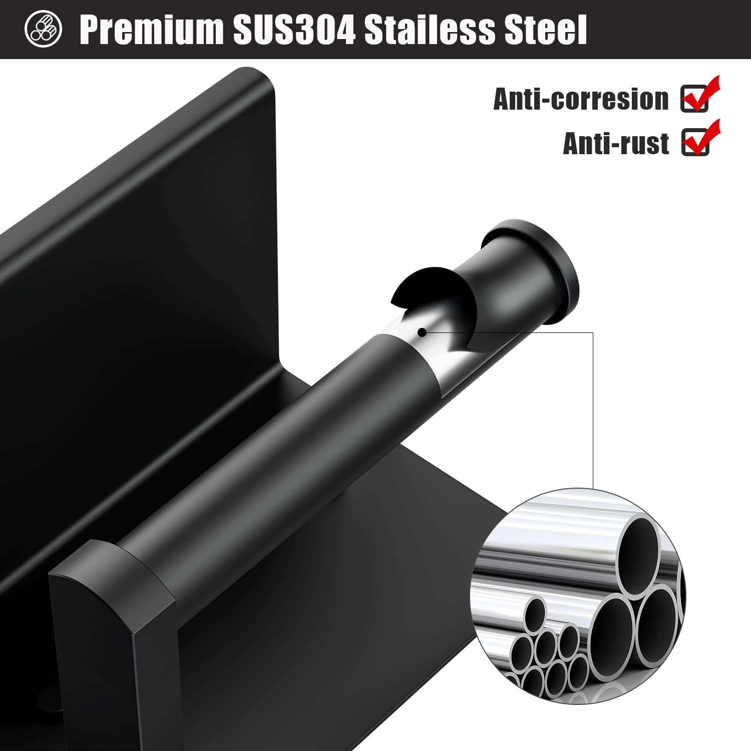 Tindbea Toilet Paper Holder Phone Shelf + Towel Hooks  Adhesive or Wall Mounted Bathroom Tissue Roll Storage  Stainless Steel Home Household Apartment Essential Accessories (Matte Black)