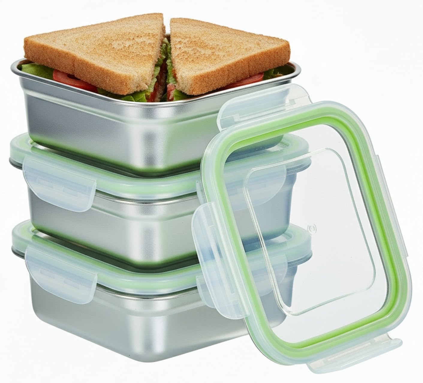 SnapMate - Set of 3 Stainless Steel Sandwich Containers - Food Grade Metal Base with a BPA Free, Leakproof & Airtight Sealed Lid
