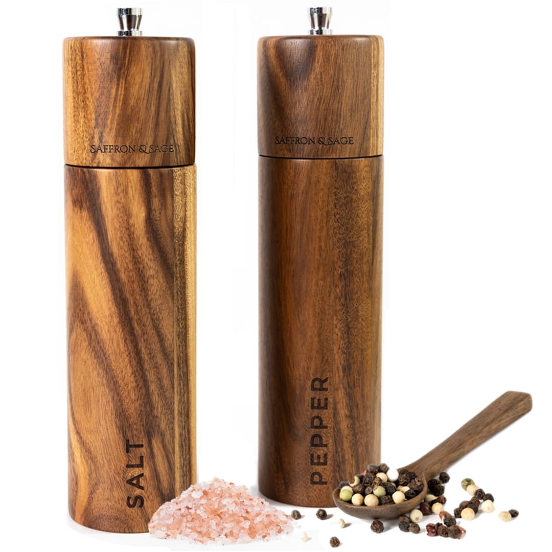 Saffron & Sage Premium Acacia Wood Salt And Pepper Grinder Set Of 2-8    Tall Salt And Peppercorn Mill With Adjustable Coarse Se