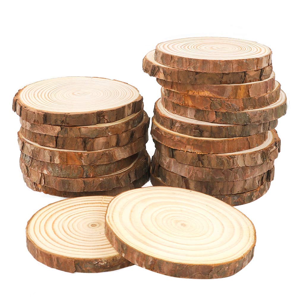 Maom Natural Wood Slices 20 Pcs 3.5''-4.0'' Round Wood Discs Tree Bark Wooden Circles For Diy Crafting Coasters Arts Crafts Home