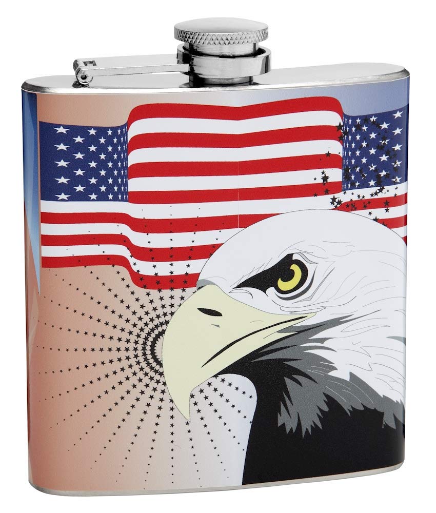 6oz Hip Flask  American Flag with Bald Eagle Design  Pocket Size, Stainless Steel, Leak Proof, ScrewOn Cap  Wrapped Vinyl Fi
