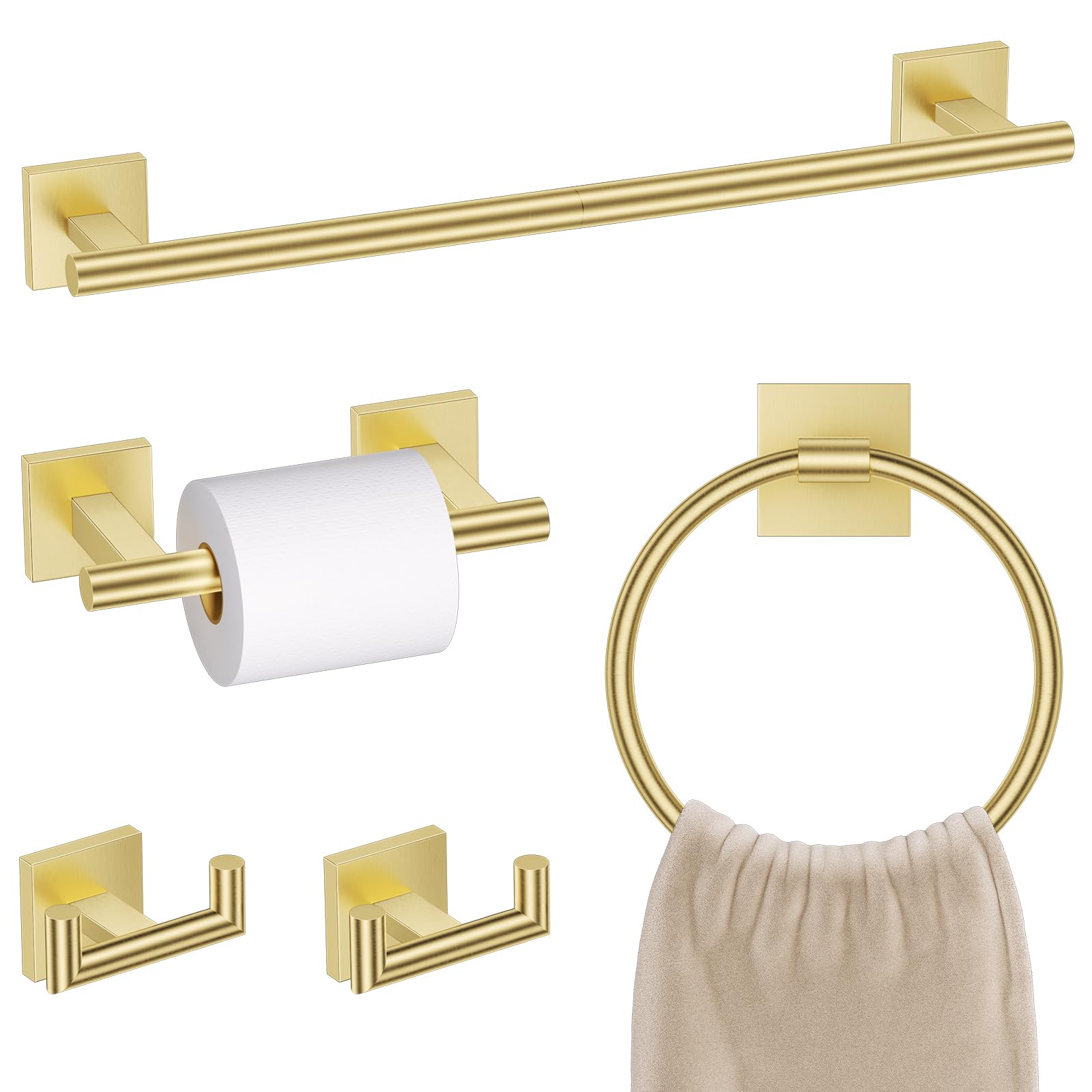 Brushed Gold Towel Bar Set, 5 Pieces Double Dase Toilet Paper Holder Bathroom Hardware Set, 23.6 Inch Stainless Steel Towel Rack