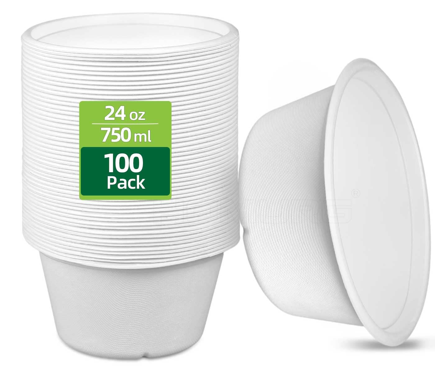 HOMURG Large Paper Bowls 24 oz Heavy Duty in Bulk 100 Count, White Biodegradable Disposable Soup Pasta Chili Bowls, Microwave Sa