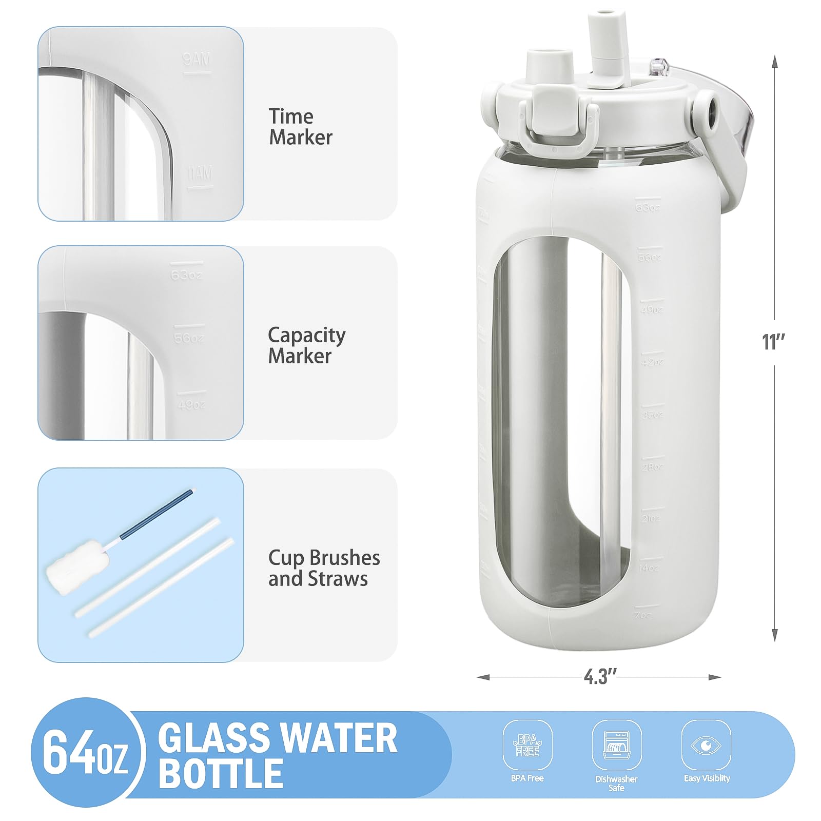 Bluego 64Oz Glass Water Bottles With Straw Time Marker Half Gallon Large Motivational Water Bottle With Silicone Sleeve 2L Big J